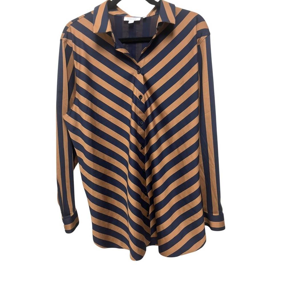 Chico's Navy Brown Stripe Tunic Button Front Career Shirt Womens Chico 3.5 /18